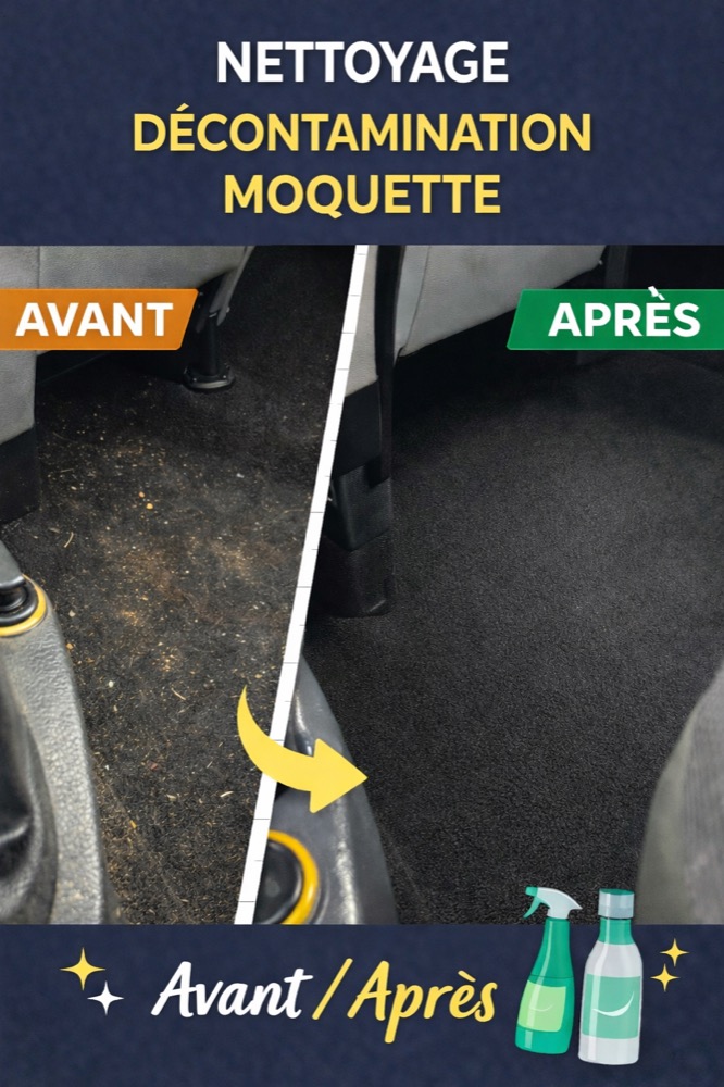 Avant / après de la décontamination d’une moquette de voiture : débris et saletés incrustées à gauche, fibre propre et uniforme à droite.