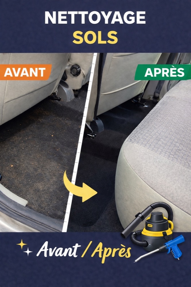 Avant / après du nettoyage des sols d’un habitacle : plancher encrassé à gauche, moquette nette à droite.