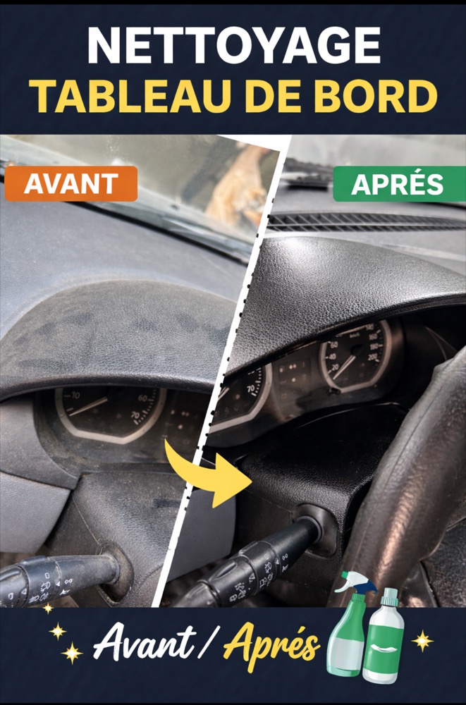 Avant / après du nettoyage d’un tableau de bord : plastiques ternis à gauche, surface nette et matifiée à droite.