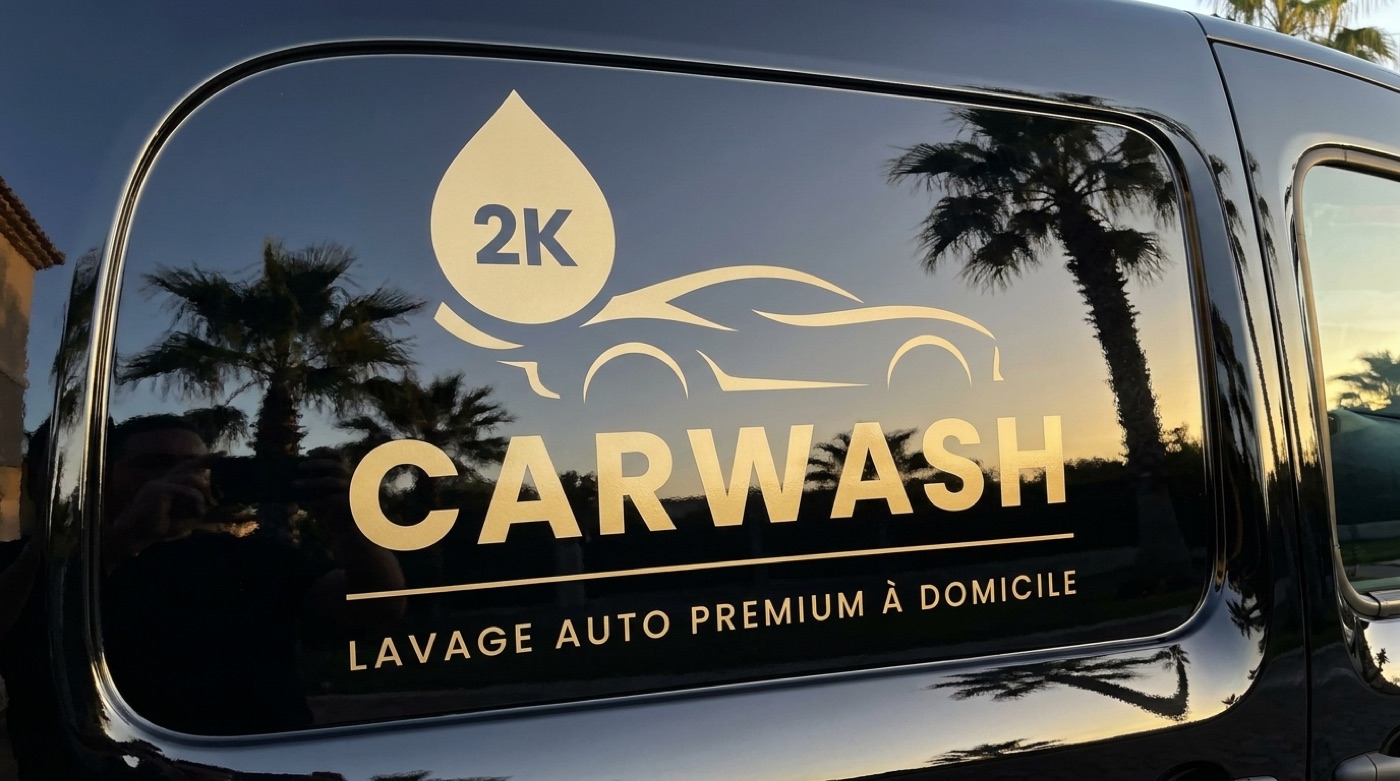 Détail du marquage doré 2K CarWash sur la carrosserie noire du fourgon.