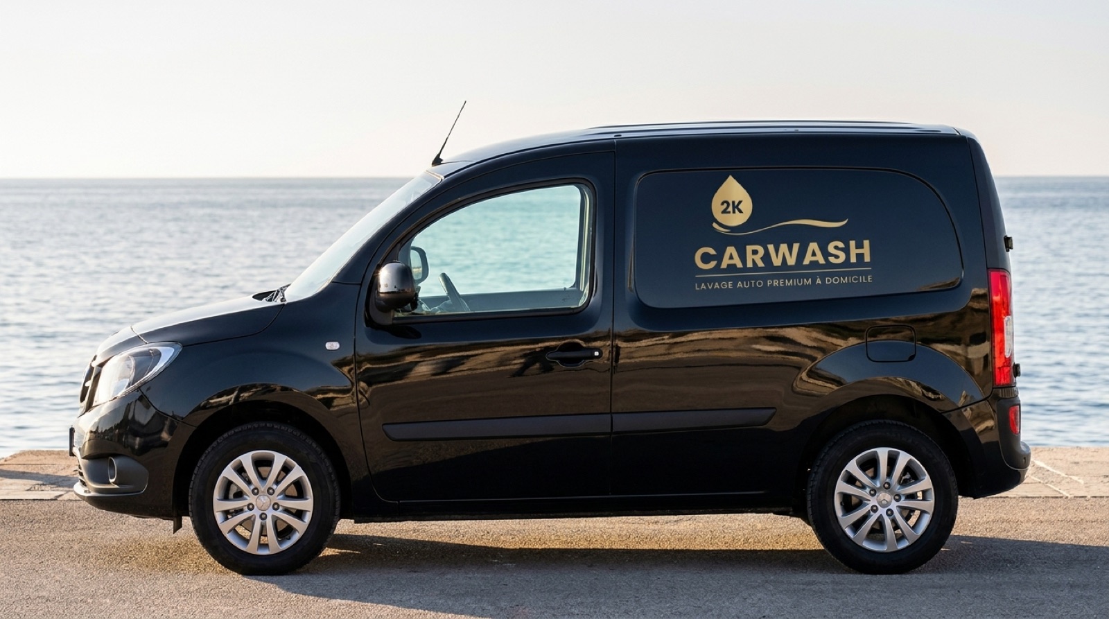 Le fourgon 2K CarWash, noir brillant avec le marquage doré, garé en bord de mer sur la Côte d’Azur.